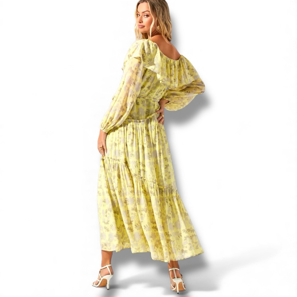 Bohemian yellow Dress - ASTR The Label Kaylani - OFF the SHOULDER maxi ruffles M